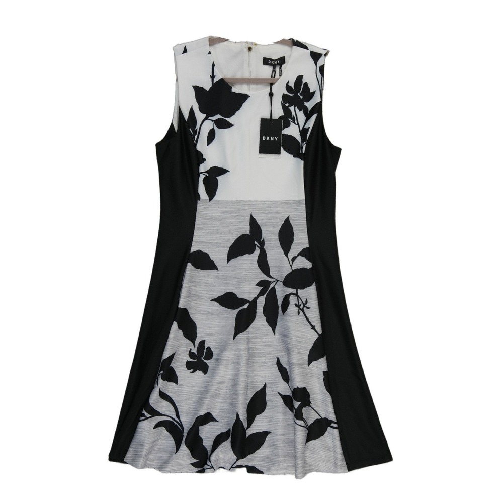 NEW DKNY Fit Flare Dress Women's Size 12 Black White Floral Colorblock Knee